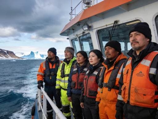 Maritime crew on deck with Arctic waters and ice in the distance